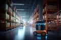 A cargo transport robot is parked on the floor near shelves with merchandise in a spacious warehouse that is lit at