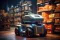 A cargo transport robot is parked on the floor near shelves with merchandise in a spacious warehouse that is lit at