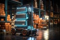 A cargo transport robot is parked on the floor near shelves with merchandise in a spacious warehouse that is lit at