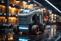 A cargo transport robot is parked on the floor near shelves with merchandise in a spacious warehouse that is lit at