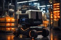 A cargo transport robot is parked on the floor near shelves with merchandise in a spacious warehouse that is lit at