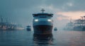 Cargo transport ship utilizing autopilot technology in foggy harbor Generative AI Royalty Free Stock Photo
