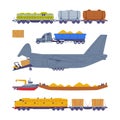 Cargo Transport with Truck, Plane and Railroad as Freight Delivery Logistics Service Vector Illustration Set Royalty Free Stock Photo