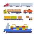 Cargo Transport with Truck and Ship as Freight Delivery Logistics Service Vector Illustration Set Royalty Free Stock Photo