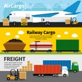 Cargo transportation banners. Logistics sea air loads delivery vector illustration