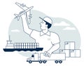 Cargo transportation concept. Marine shipping with freight plane and trucks