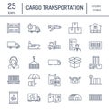 Cargo transportation flat line icons. Trucking, express delivery, logistics, shipping, customs clearance, cargoes Royalty Free Stock Photo