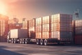 Cargo transportation and import-export commercial logistic concept - container truck with freight cargo ship at sunset sky Royalty Free Stock Photo