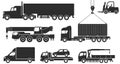 Cargo transportation and lifting machines. Collection of vector icons of construction and material handling equipment: crane,