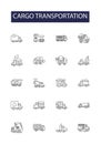 Cargo transportation line vector icons and signs. Logistics, Freight, Delivery, Transport, Lorry, Trucking, Route, Cargo