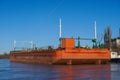 Cargo transportation. Oil barge. Winter layup of ships at the mouth of the Volga River in Volgograd. Russia Royalty Free Stock Photo