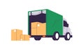 Cargo truck with boxes inside. Freight delivery transport, lorry with open doors, cardboards, goods for shipment