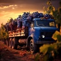 Cargo truck carrying blue wine grape fruit in a vineyard.