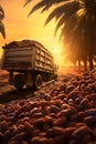 Cargo truck carrying dates fruit in a plantation with sunset.
