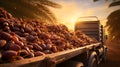 Cargo truck carrying dates fruit in a plantation with sunset.