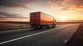 Cargo truck delivering goods, on the road from the back shot