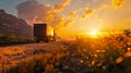 Cargo truck driving through landscape at sunset Royalty Free Stock Photo