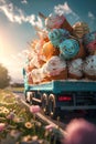 Cargo truck full of ice creams on the road in the summer countryside.