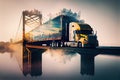 cargo truck going over bridge, with both the truck and bridge in double exposure