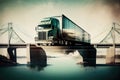 cargo truck going over bridge, with both the truck and bridge in double exposure