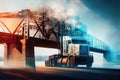 cargo truck going over bridge, with both the truck and bridge in double exposure