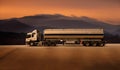 Cargo truck with heavy container speed on high way road to delivery logistic business with sun sky background. Royalty Free Stock Photo