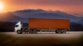 Cargo truck with heavy container speed on high way road to delivery logistic business with sun sky background. Royalty Free Stock Photo