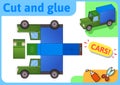 Cargo truck paper model. Small home craft project, paper game. Cut out, fold and glue. Cutouts for children. Vector