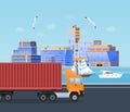 Cargo truck riding on road sea port. City landscape with boat and yacht dock harbor street district