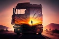 cargo truck with sunset in the background, creating stunning double exposure