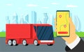 Cargo truck trailer logistic tracking service. Hand hold phone with shipping navigator on city map and geotag location