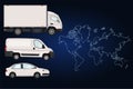 Cargo van, minivan and passenger car on the background of the world map. Logistics, delivery of goods around the world.