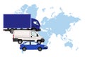 Cargo van, minivan and passenger car on the background of the world map. Logistics, delivery of goods around the world.