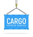 Cargo vector crane blue box flat illustration. Cargo metal box storage design side view on white Royalty Free Stock Photo