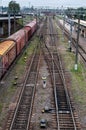 Cargo wagon, railway carriage, rail freight cars on rails Royalty Free Stock Photo