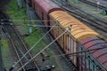 Cargo wagon, railway carriage, rail freight cars on rails Royalty Free Stock Photo