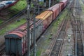 Cargo wagon, railway carriage, rail freight cars on rails Royalty Free Stock Photo