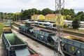 Cargo wagons stopped at a station Royalty Free Stock Photo