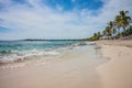 Caribbean beach with a lot of palms and white sand, Dominican Republic. Sunny warm day at the sea under palm trees. Sun loungers Royalty Free Stock Photo