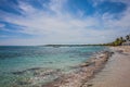 Caribbean beach with a lot of palms and white sand, Dominican Republic. Sunny warm day at the sea under palm trees. Sun loungers Royalty Free Stock Photo