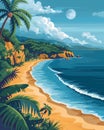 Caribbean Beach Scene - Artistic Painting of Palm Trees, Tropical Waters, and Sandy Shores Royalty Free Stock Photo