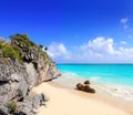 Caribbean beach in Tulum Mexico under Mayan ruins Royalty Free Stock Photo