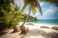 Caribbean beach, two wooden deck chairs under the shade of a palm tree on the beach. Generative AI Royalty Free Stock Photo