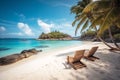 Caribbean beach, two wooden deck chairs under the shade of a palm tree on the beach. Generative AI Royalty Free Stock Photo