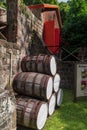 Rum barrels outside the Old Road Rum Co., Wingfield Estate Sugar Plantation Ruins Royalty Free Stock Photo