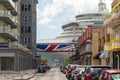 MS Ventura in Oranjestad Aruba dwarfs the nearby buildings