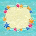 Caribbean Colorful Starfish and Label on Blue Background.