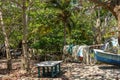 Caribbean fishing beach - colorful boats and fishing gear in Colombia