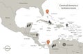 Caribbean islands and Central America map, individual regions with names, Infographics and icons