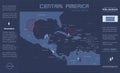 Caribbean islands and Central America map, individual states and islands and city whit names, infographics blue flat design